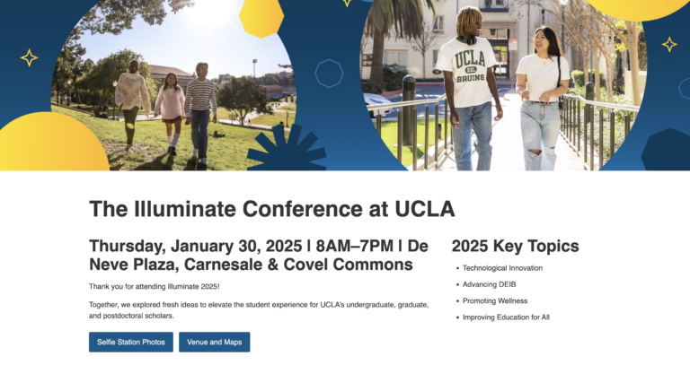 Screenshot of the Illuminate Conference page on the UCLA Student Affairs internal staff website, showing the event header, expandable session program layout, and color-coded isometric campus venue map.